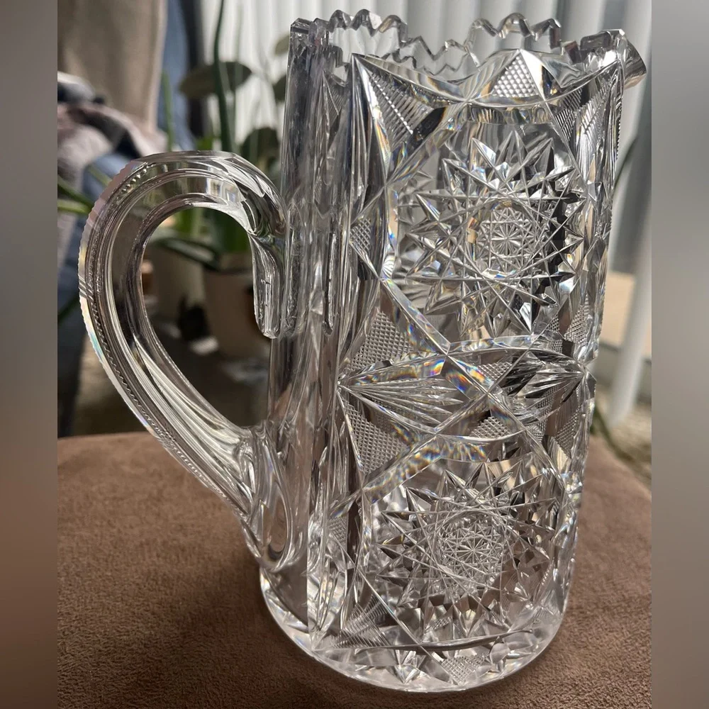 Antique American Brilliant Period (ABP) Cut Glass Pitcher, Starburst Pattern